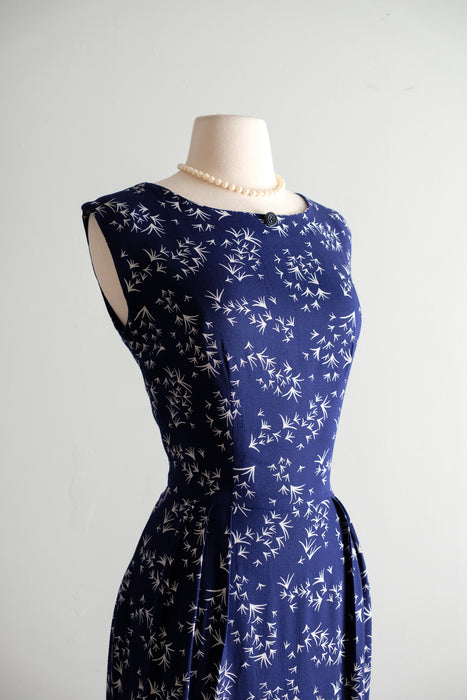 Vintage 1950's Navy & White Geometric Print Wiggle Dress / M