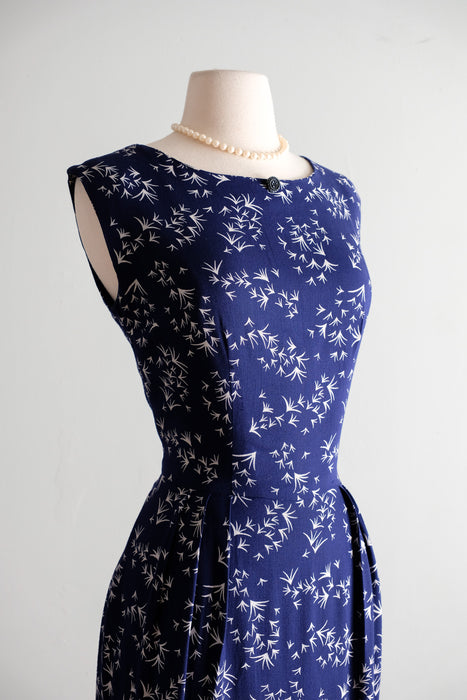Vintage 1950's Navy & White Geometric Print Wiggle Dress / M