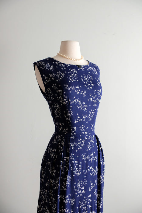 Vintage 1950's Navy & White Geometric Print Wiggle Dress / M
