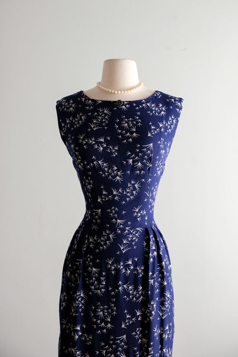 Vintage 1950's Navy & White Geometric Print Wiggle Dress / M