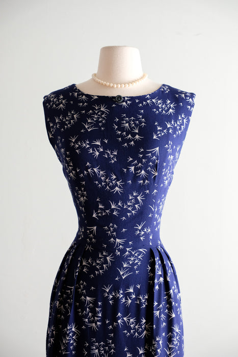 Vintage 1950's Navy & White Geometric Print Wiggle Dress / M