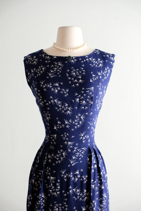 Vintage 1950's Navy & White Geometric Print Wiggle Dress / M