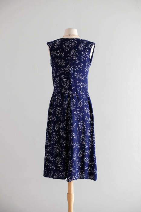 Vintage 1950's Navy & White Geometric Print Wiggle Dress / M