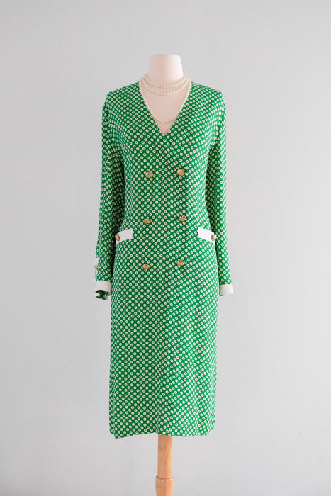 Sophisticated Early 80s Kelly Green and Daisy Mod Dress by Adolfo / Sz L/XL