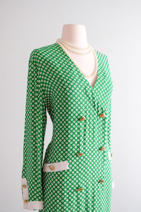 Sophisticated Early 80s Kelly Green and Daisy Mod Dress by Adolfo / Sz L/XL