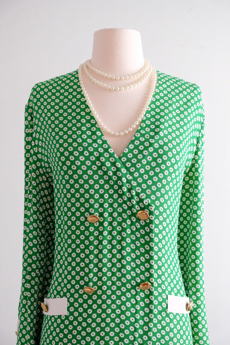 Sophisticated Early 80s Kelly Green and Daisy Mod Dress by Adolfo / Sz L/XL