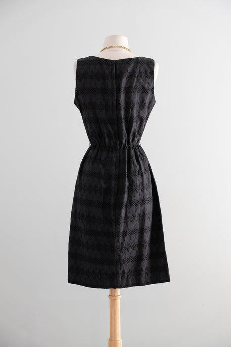 Vintage 1960's Little Black Eyelet Cotton Shift Dress / S