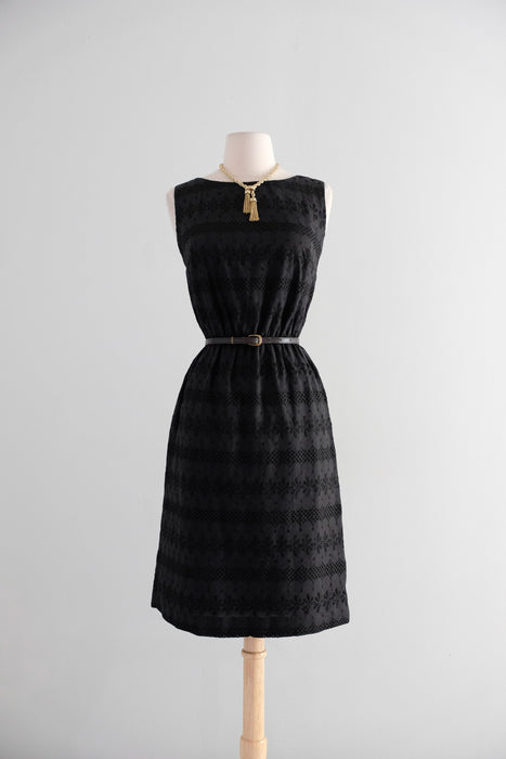 Vintage 1960's Little Black Eyelet Cotton Shift Dress / S