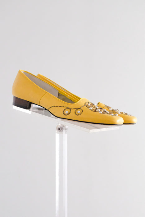 Glorious 1960's NOS Sunny Yellow & Pearl Adorned Heels by Larks / Size 7.5 M