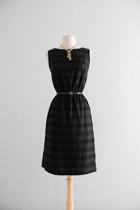 Vintage 1960's Little Black Eyelet Cotton Shift Dress / S