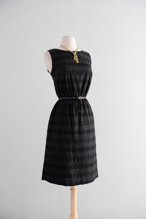 Vintage 1960's Little Black Eyelet Cotton Shift Dress / S