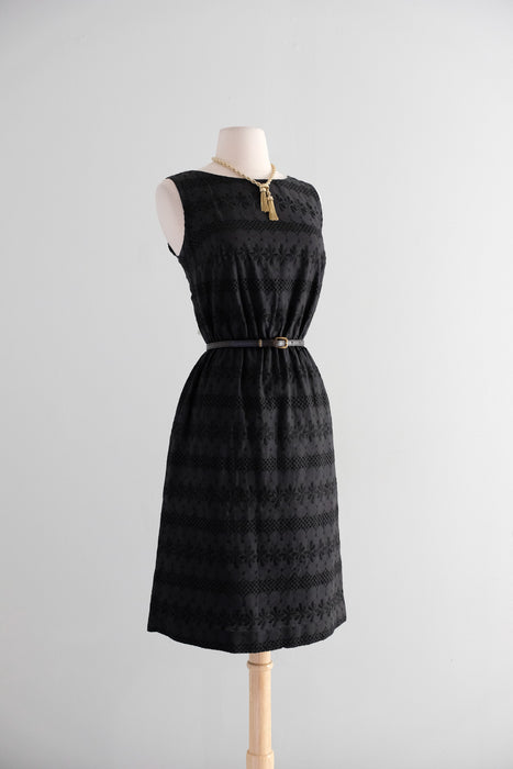 Vintage 1960's Little Black Eyelet Cotton Shift Dress / S