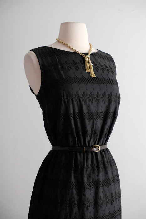 Vintage 1960's Little Black Eyelet Cotton Shift Dress / S