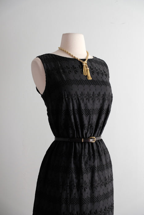 Vintage 1960's Little Black Eyelet Cotton Shift Dress / S