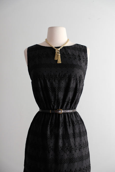 Vintage 1960's Little Black Eyelet Cotton Shift Dress / S