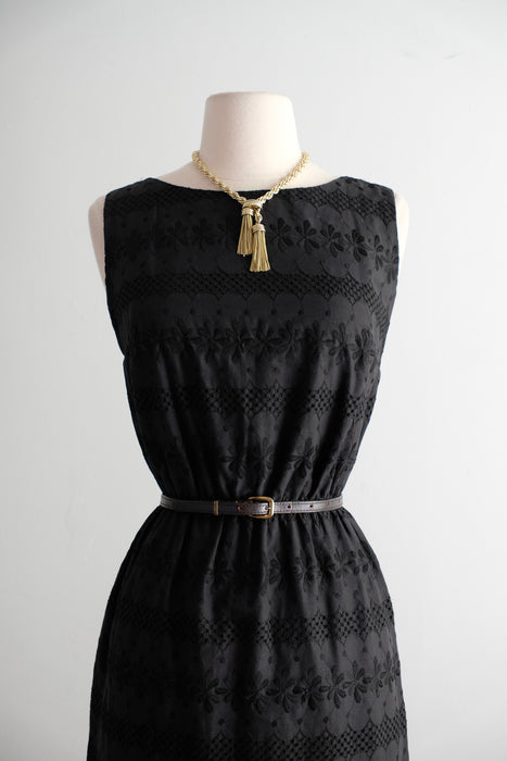 Vintage 1960's Little Black Eyelet Cotton Shift Dress / S
