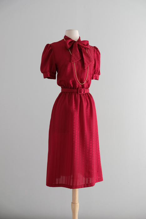 Vintage Late 1970's Crimson Red Pussy Bow Dress by It's My Turn / M