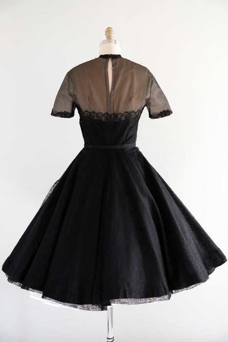 Stunning 1950's Black Illusion Lace Silk Party Dress / Sz S