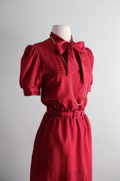 Vintage Late 1970's Crimson Red Pussy Bow Dress by It's My Turn / M