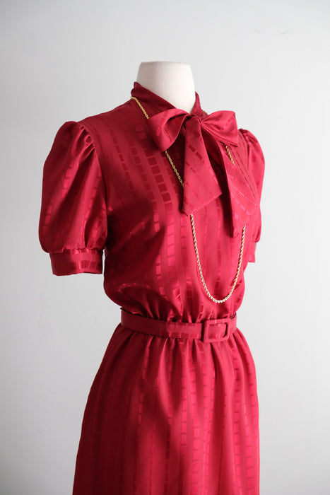 Vintage Late 1970's Crimson Red Pussy Bow Dress by It's My Turn / M