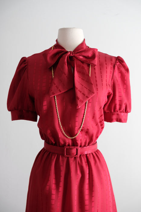 Vintage Late 1970's Crimson Red Pussy Bow Dress by It's My Turn / M
