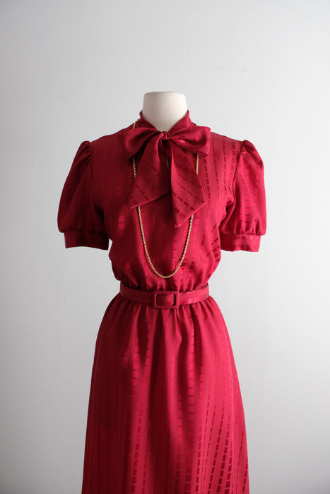 Vintage Late 1970's Crimson Red Pussy Bow Dress by It's My Turn / M