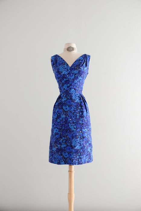 Vintage 1960's Abstract Floral Blue Silk Cocktail Dress From Lord & Taylor / M