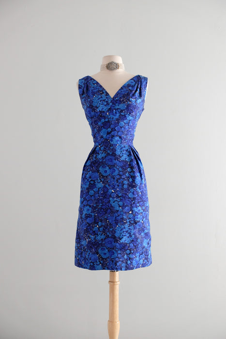 Vintage 1960's Abstract Floral Blue Silk Cocktail Dress From Lord & Taylor / M