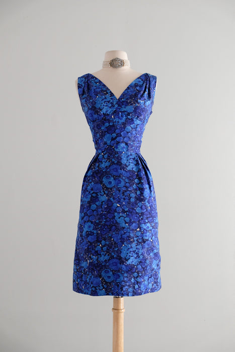 Vintage 1960's Abstract Floral Blue Silk Cocktail Dress From Lord & Taylor / M