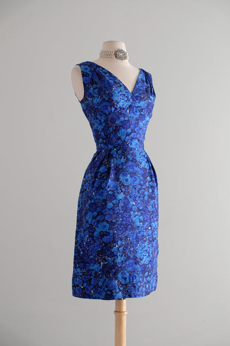 Vintage 1960's Abstract Floral Blue Silk Cocktail Dress From Lord & Taylor / M