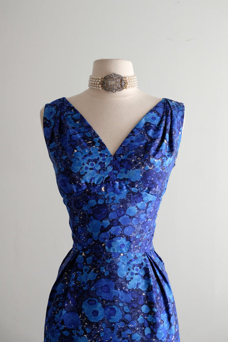 Vintage 1960's Abstract Floral Blue Silk Cocktail Dress From Lord & Taylor / M