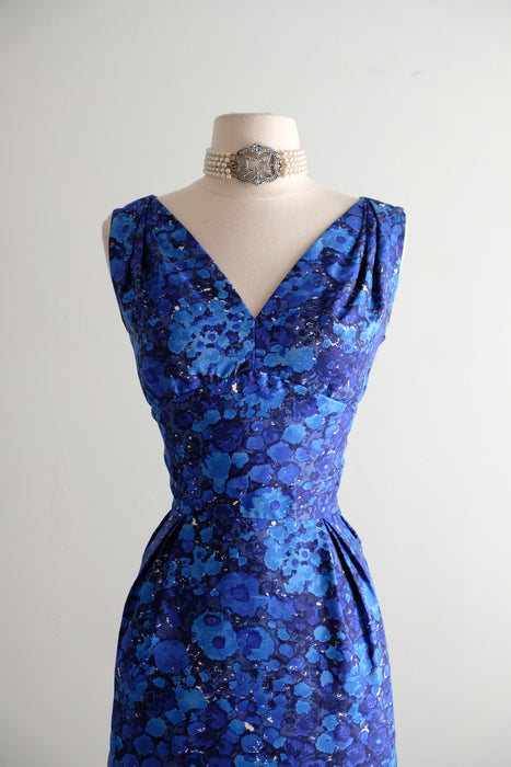 Vintage 1960's Abstract Floral Blue Silk Cocktail Dress From Lord & Taylor / M