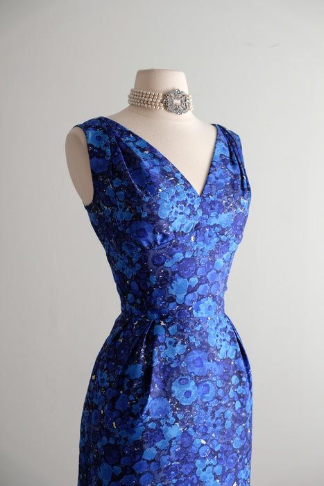 Vintage 1960's Abstract Floral Blue Silk Cocktail Dress From Lord & Taylor / M