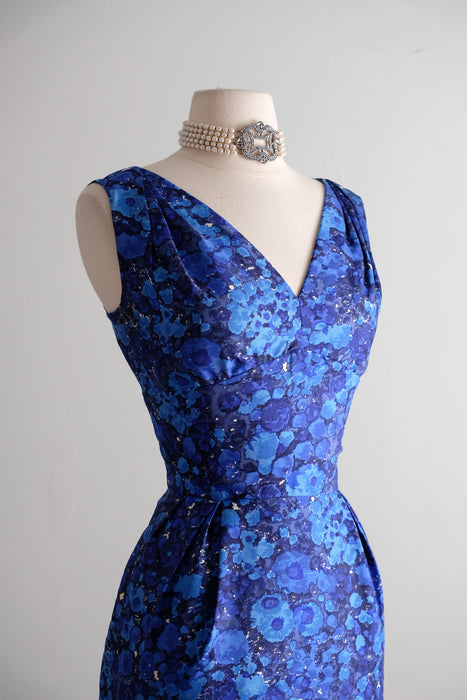Vintage 1960's Abstract Floral Blue Silk Cocktail Dress From Lord & Taylor / M