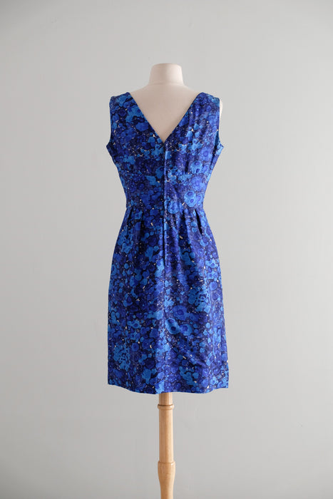 Vintage 1960's Abstract Floral Blue Silk Cocktail Dress From Lord & Taylor / M