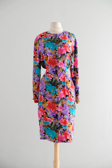 Vintage 1980's Silk Floral Dress by Tess Dress / ML