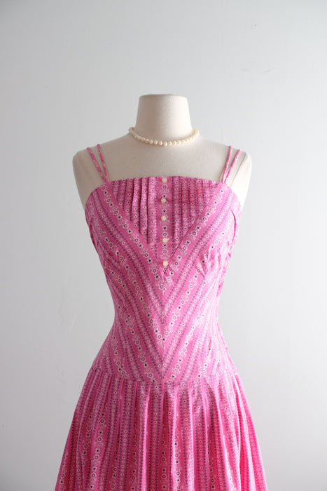 Vintage 1950's Pink Cotton Bandana Dress with Drop Waist / S