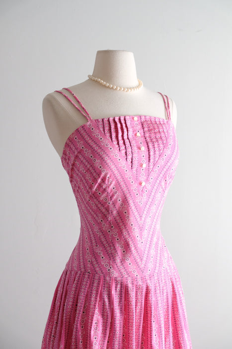Vintage 1950's Pink Cotton Bandana Dress with Drop Waist / S