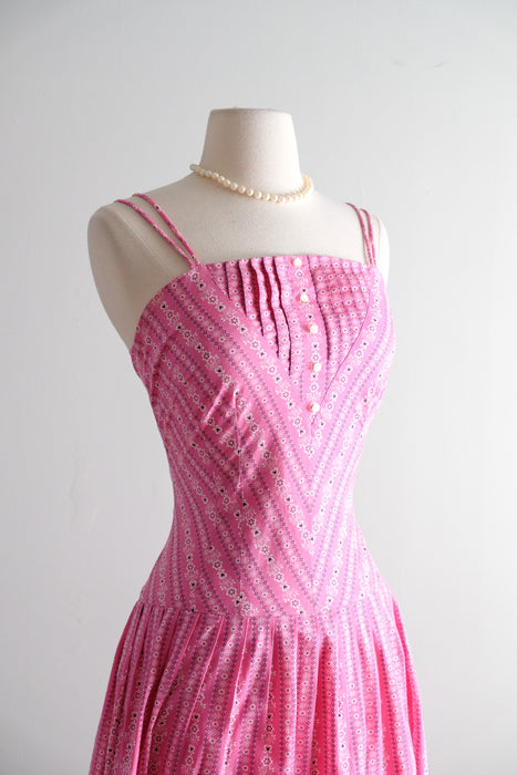Vintage 1950's Pink Cotton Bandana Dress with Drop Waist / S
