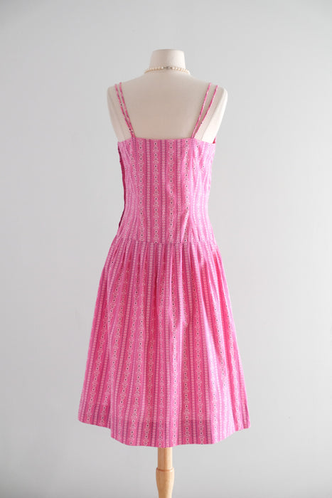 Vintage 1950's Pink Cotton Bandana Dress with Drop Waist / S