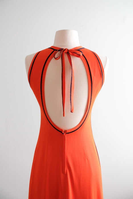 Showstopping 1970's Tangerine Backless Maxi Dress / Sz M