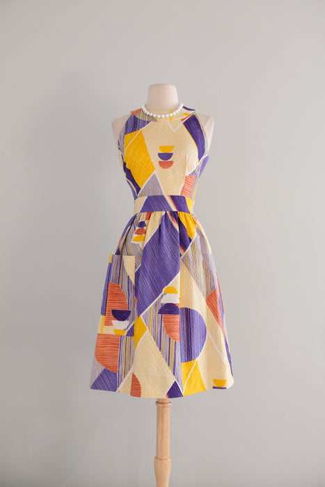 Vintage 1960's Modernist Purple & Yellow Geometric Print Dress / M
