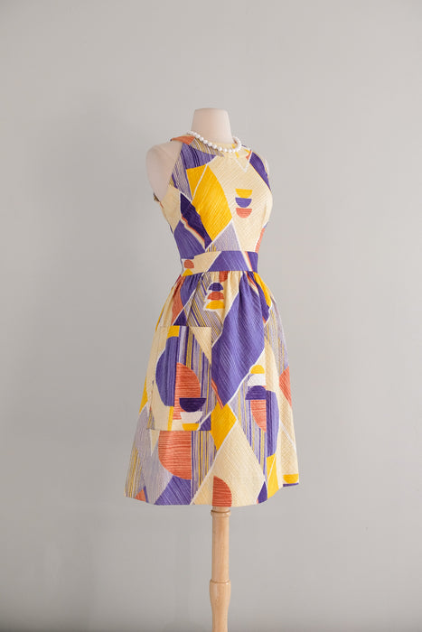 Vintage 1960's Modernist Purple & Yellow Geometric Print Dress / M
