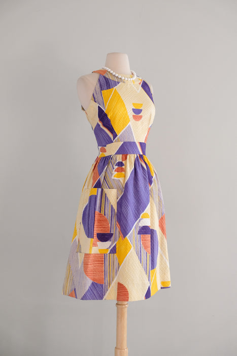 Vintage 1960's Modernist Purple & Yellow Geometric Print Dress / M