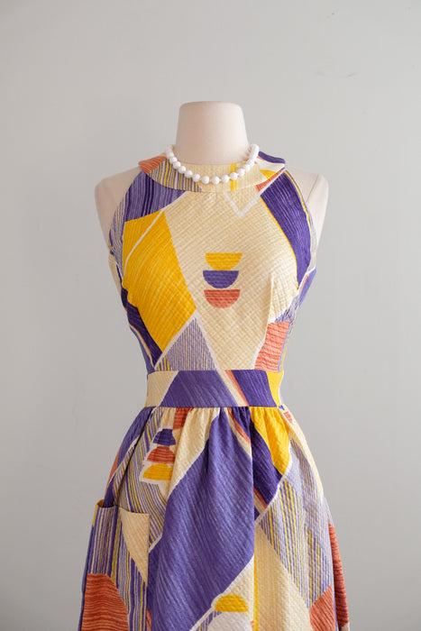 Vintage 1960's Modernist Purple & Yellow Geometric Print Dress / M