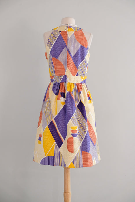 Vintage 1960's Modernist Purple & Yellow Geometric Print Dress / M