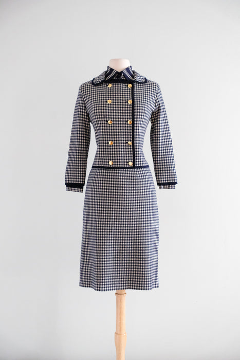 Vintage Late 1960's Chanel Inspired Wool Knit Navy Houndstooth Suit Set by Marchesa di Gresy  / S