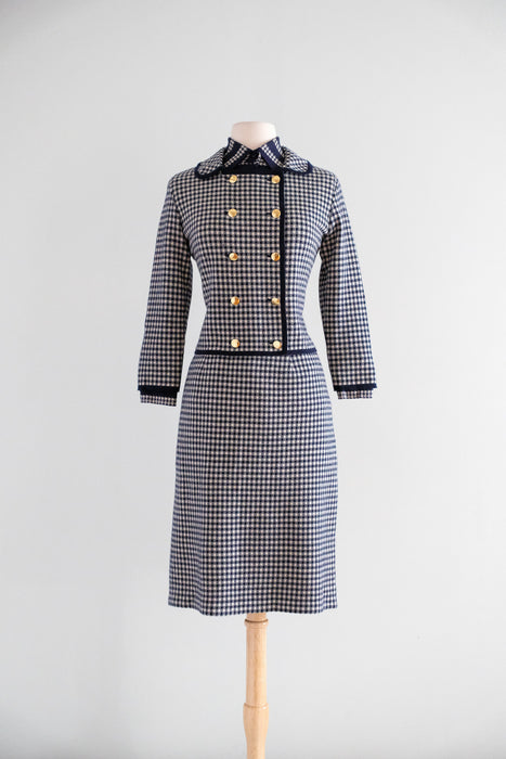 Vintage Late 1960's Chanel Inspired Wool Knit Navy Houndstooth Suit Set by Marchesa di Gresy  / S