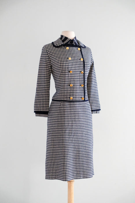 Vintage Late 1960's Chanel Inspired Wool Knit Navy Houndstooth Suit Set by Marchesa di Gresy  / S