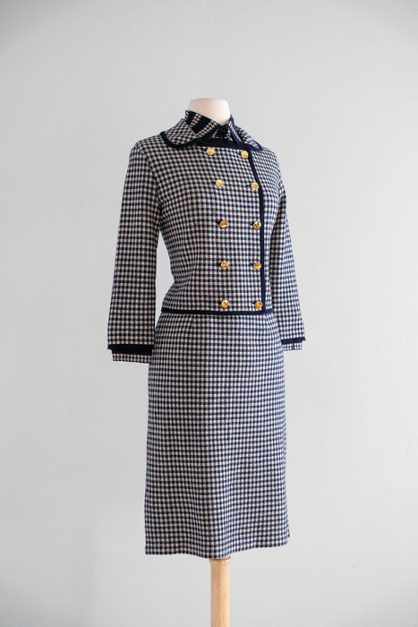 Vintage Late 1960's Chanel Inspired Wool Knit Navy Houndstooth Suit Set by Marchesa di Gresy  / S